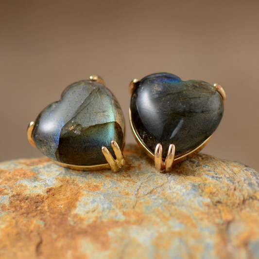 Labradorite & Goldtone Heart Prong Set Stud Earrings