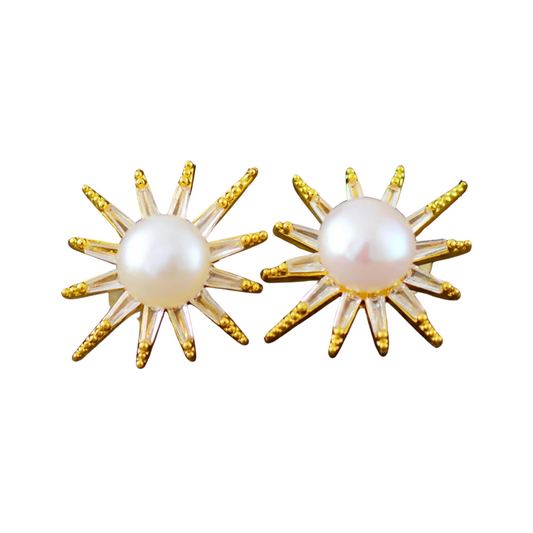 Cz & Freshwater Pearl Sun Stud Earrings
