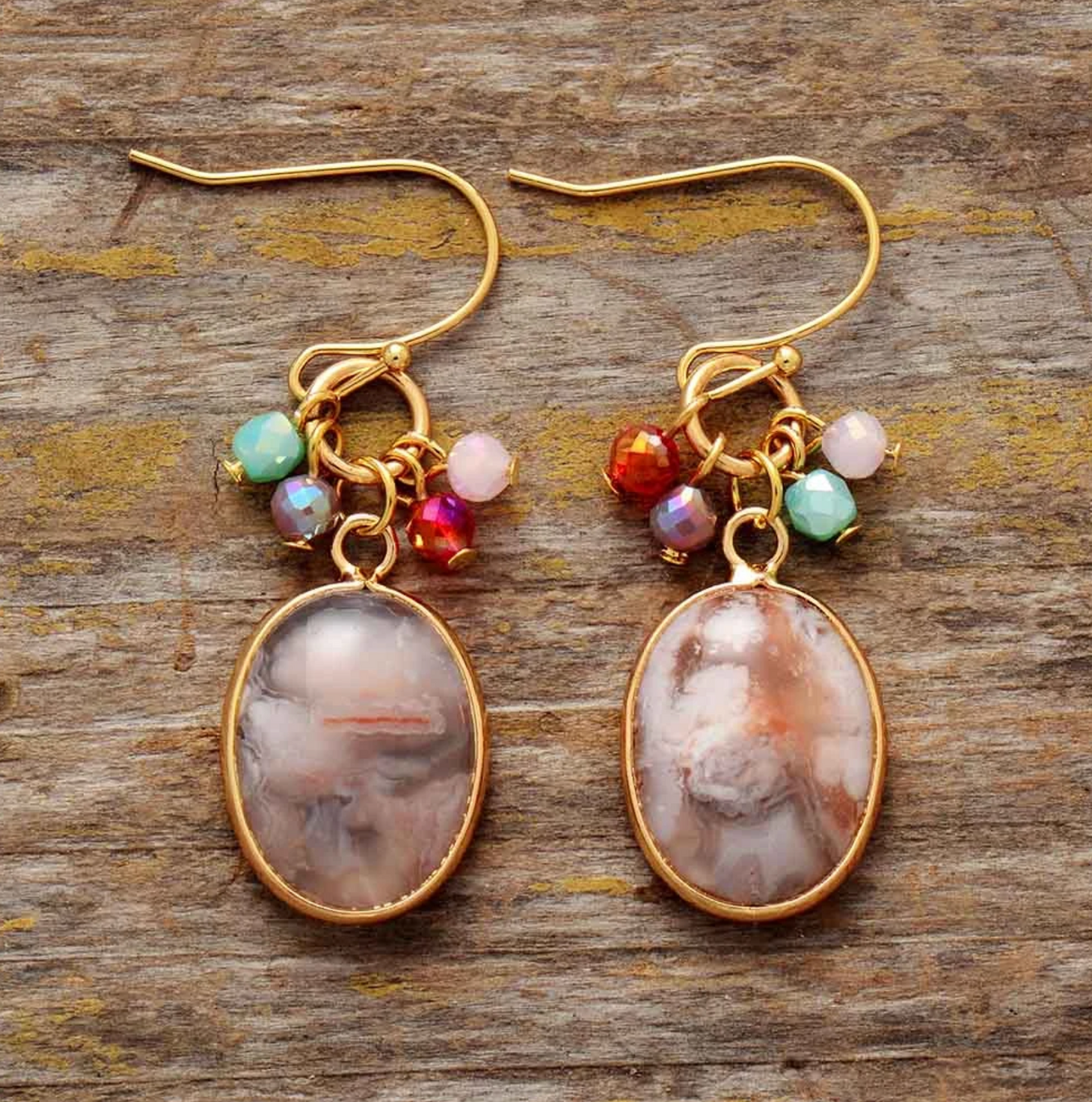 Botswana Agate & Goldtone Oval Cluster Drop Earrings