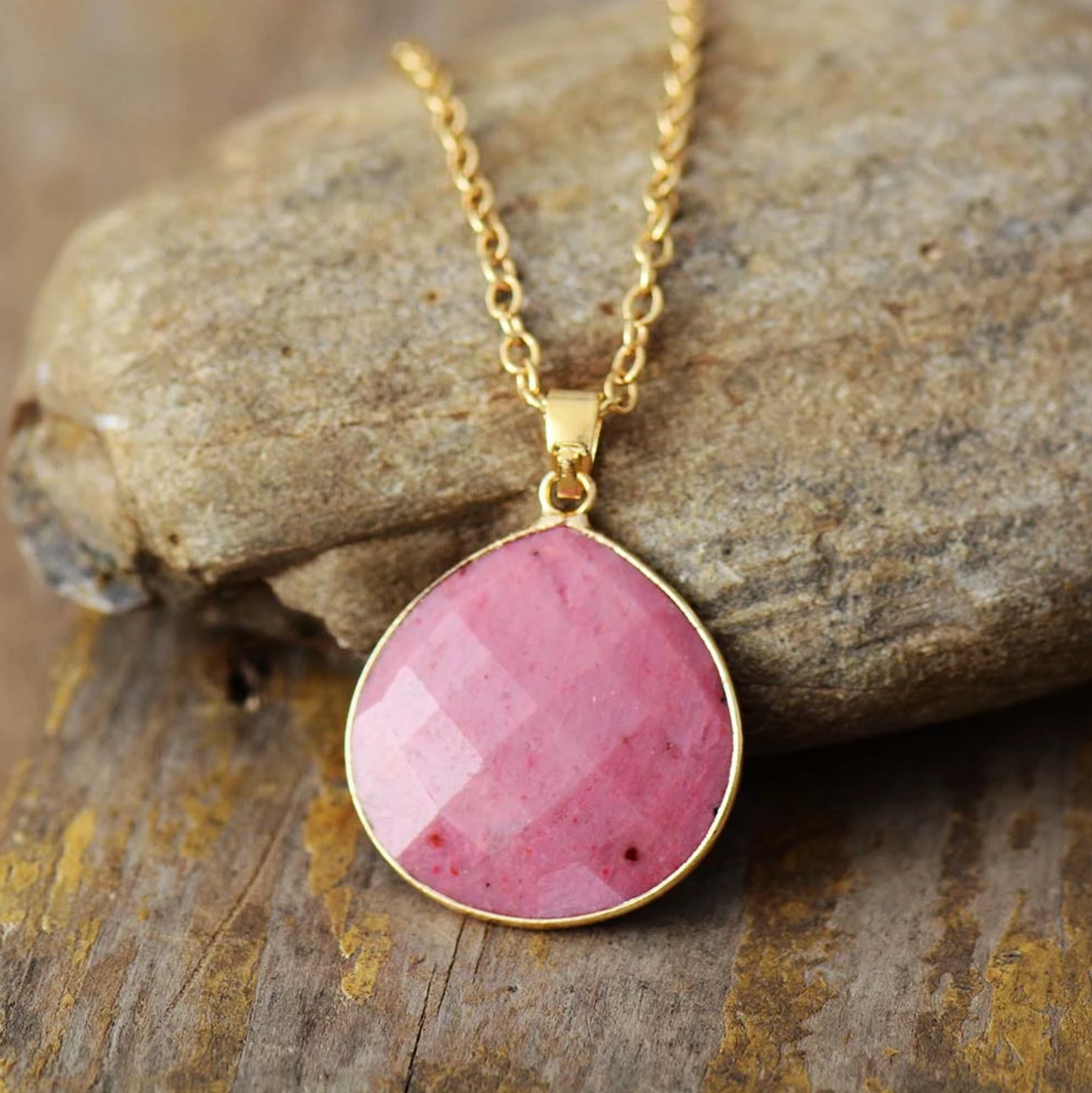 Rhodonite & Goldtone Faceted Teardrop Pendant Necklace