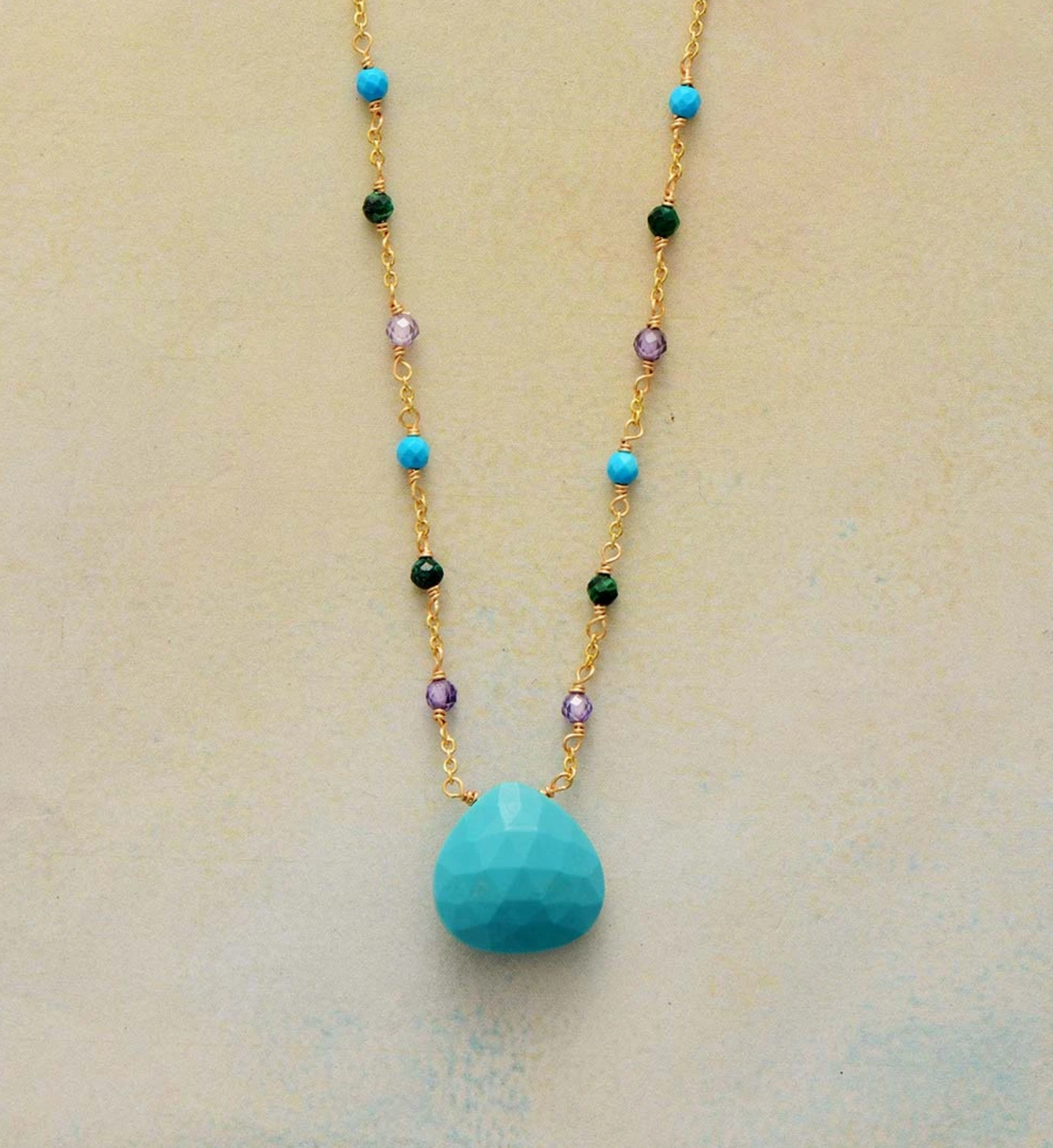 Jade & Goldtone Faceted Teardrop Beaded Pendant Necklace