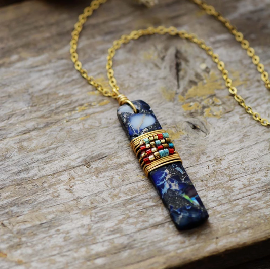 Blue Howlite & Goldtone Bead Wrapped Pendant Necklace