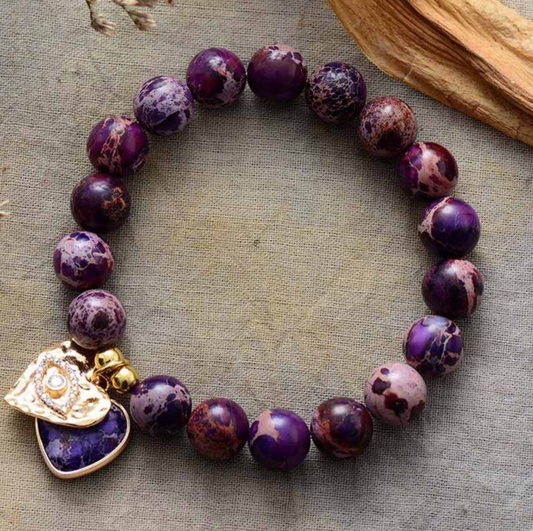 Jasper & Goldtone Heart Beaded Charm Bracelet