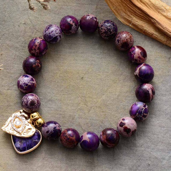 Purple Jasper & Goldtone Heart Beaded Charm Bracelet