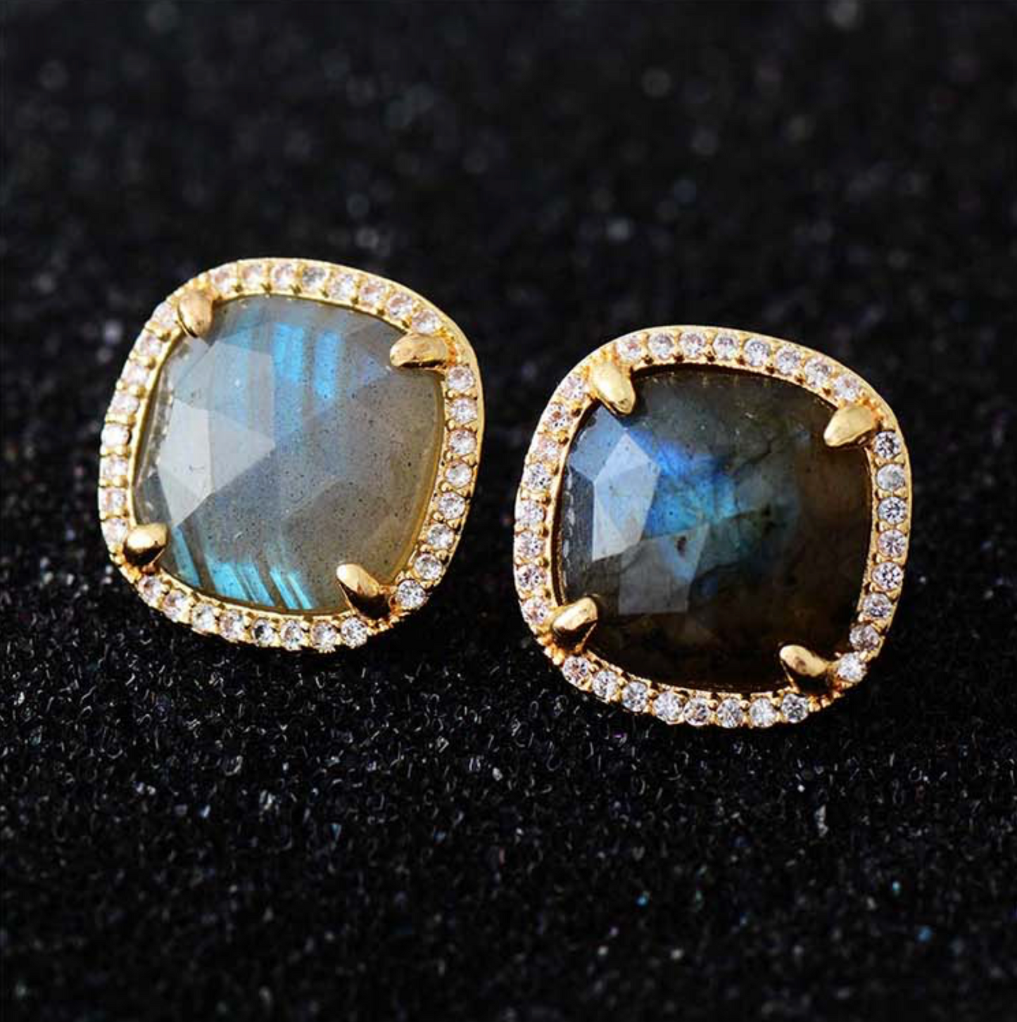 Pave Set Faceted Labradorite Cushion Stud Earring
