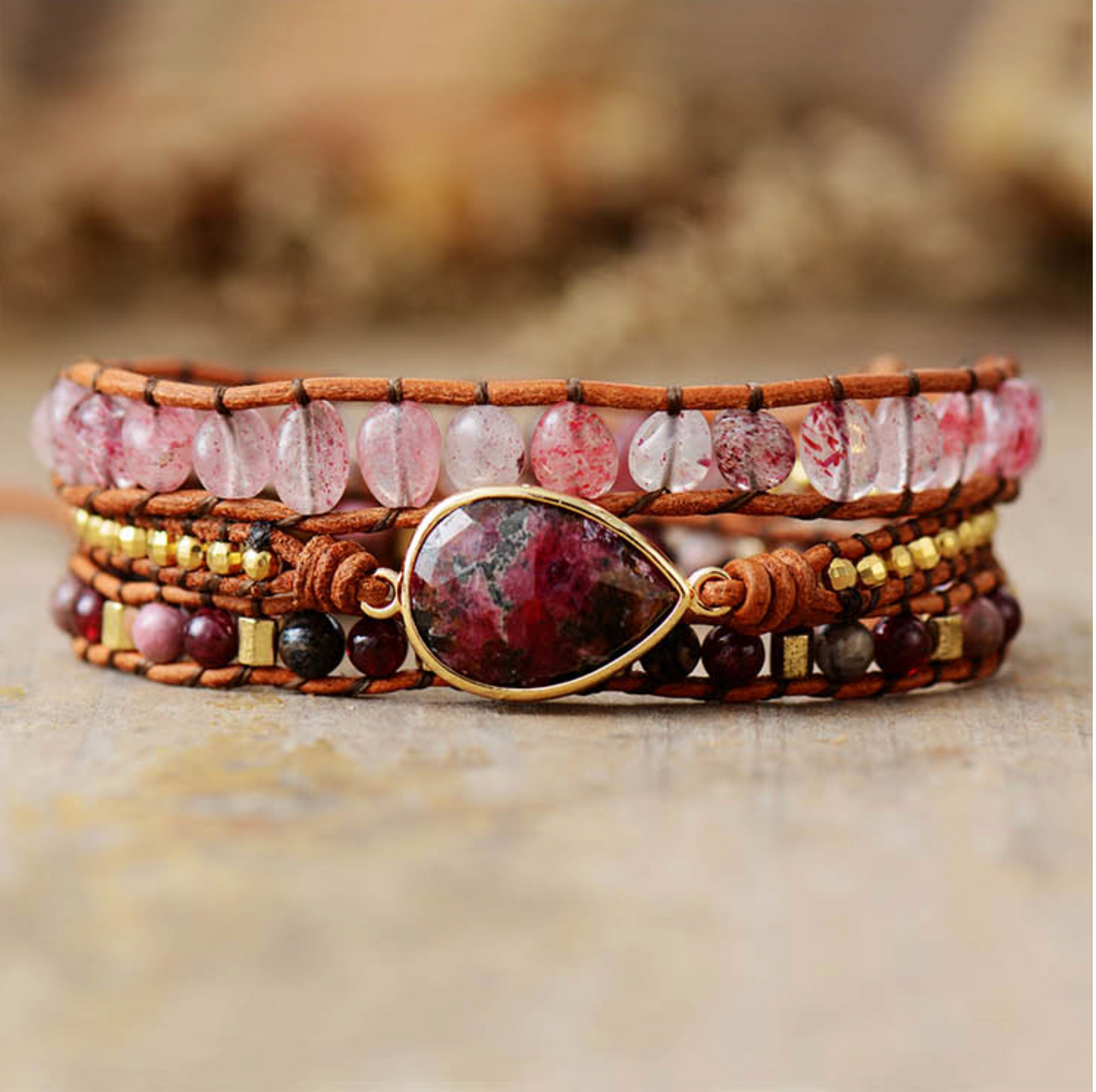 Strawberry Quartz & Tiger Eye Teardrop Wrap Bracelet