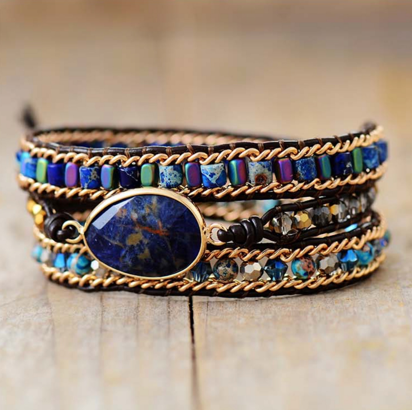 Sodalite & Goldtone Faceted Teardrop Wrap Bracelet