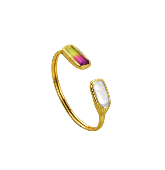 Biwa Pearl & Yellow Pink Ombre Gold Bangle Bracelet