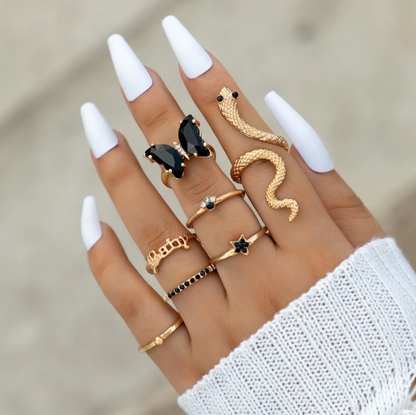 Goldtone & Black Butterfly and Snake Ring Set