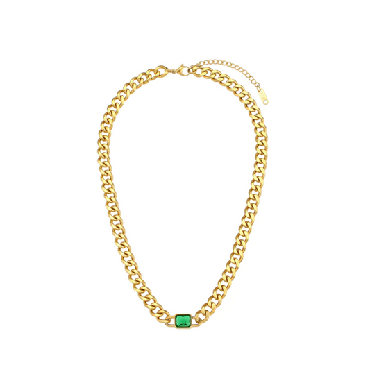 Goldtone Chain Link & Green Crystal Necklace