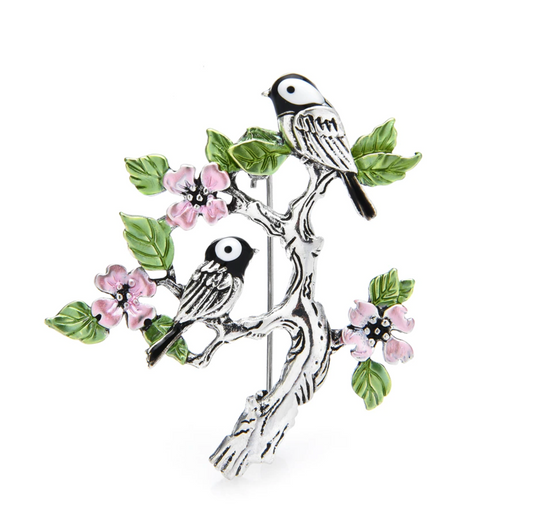 Silvertone Birch On Pink Floral Branch Brooch