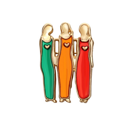 Goldtone Green, Orange & Red Three Sisters/Friends Brooch