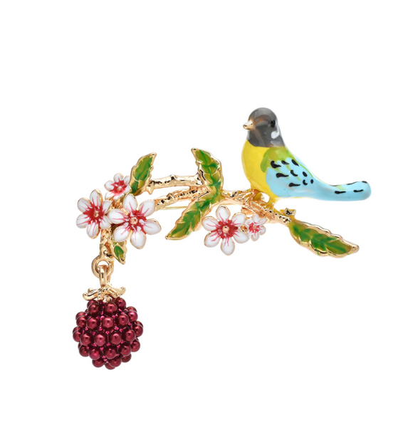 Crystal & Goldtone Bird On Berry Branch Brooch