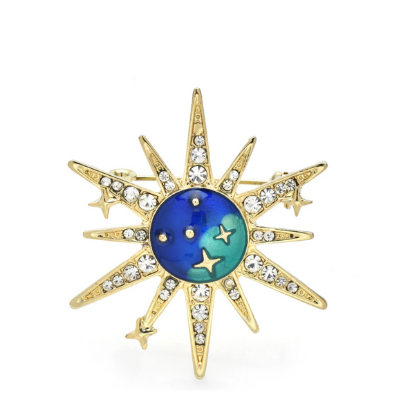 Goldtone Stars And Blue Moon Brooch