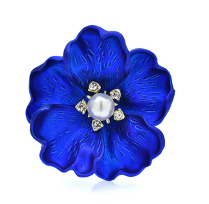 Royal Blue Flower & Imitation Pearl Brooch