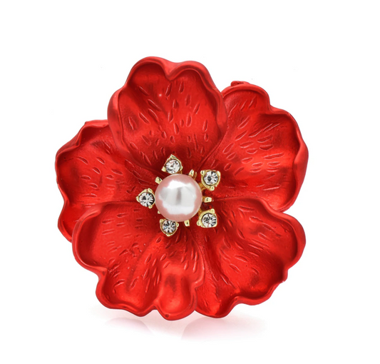 Red Flower & Faux Pearl Brooch