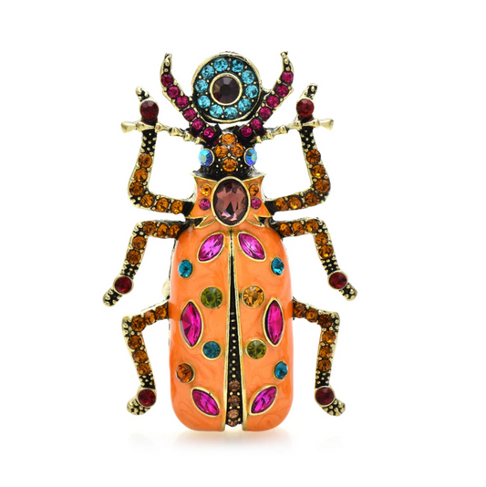 Orange & Multi Colored Crystal Beetle Brooch