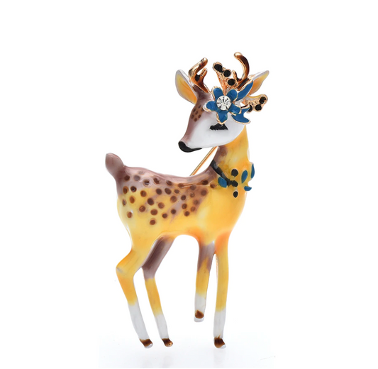 Sweet Deer With Blue Flower Brooch