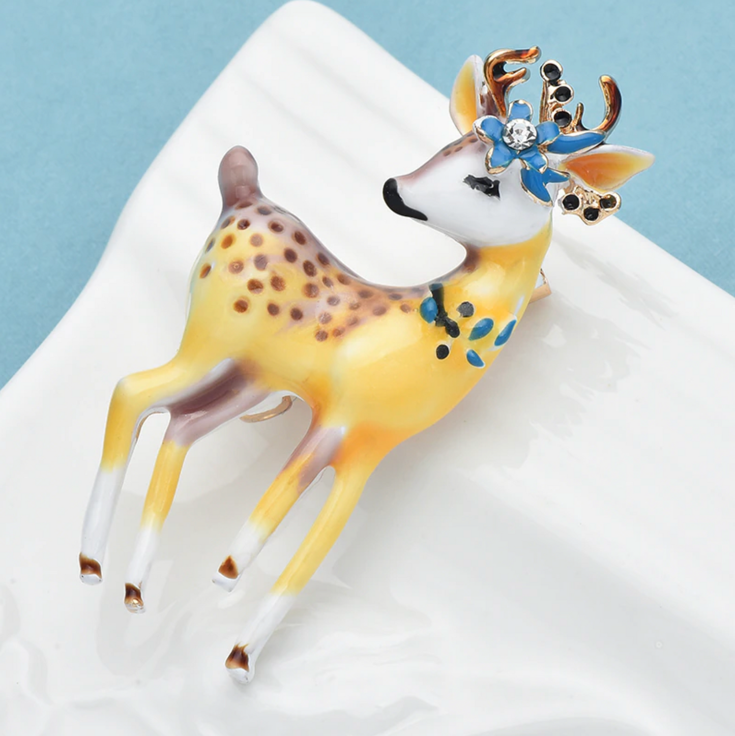 Sweet Deer With Blue Flower Brooch