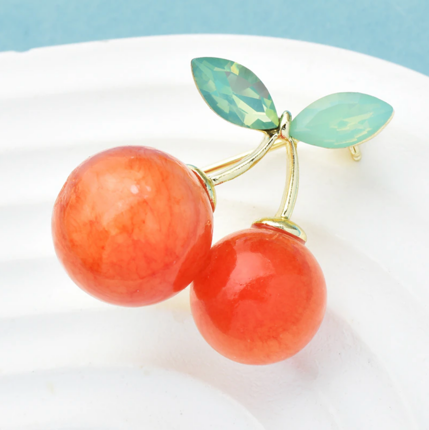 Orange & Green Crystal Cherry Stem Brooch