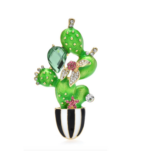 Black & White Potted Green Cactus Brooch