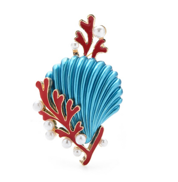 Blue & Red Shell Brooch With Imitation Pearls