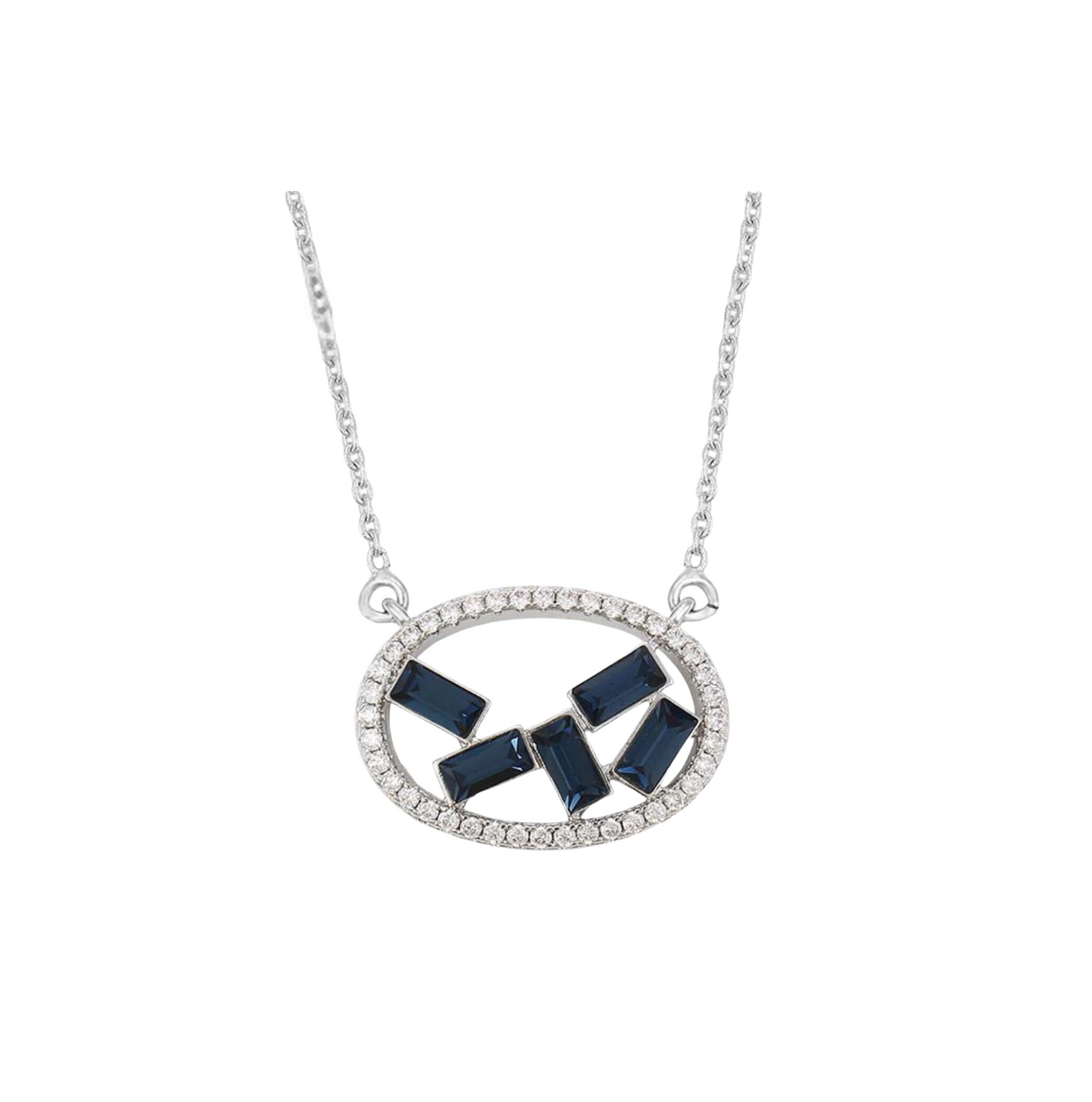 Rhodium Plated Emerald Cut Geometric Crystal Oval Pendant With Swarovski