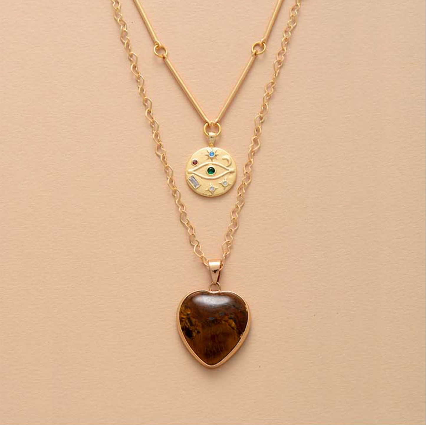 Tiger Eye & Goldtone Heart Layered Pendant Necklace