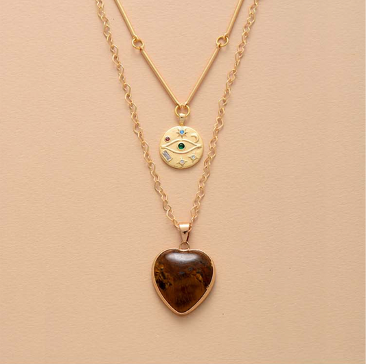 Tiger Eye & Goldtone Heart Layered Pendant Necklace
