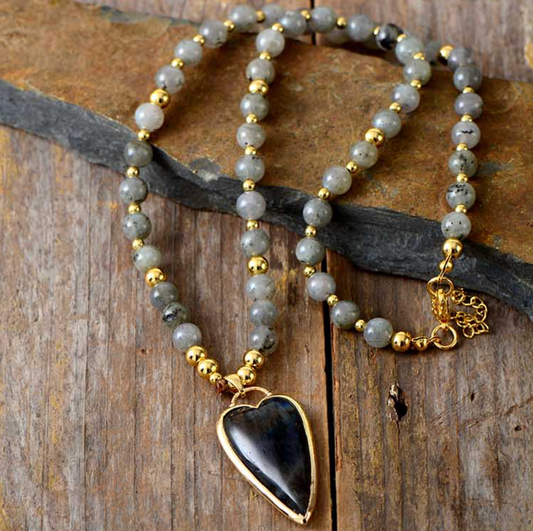 Labradorite & Goldtone Beaded Heart Pendant Necklace