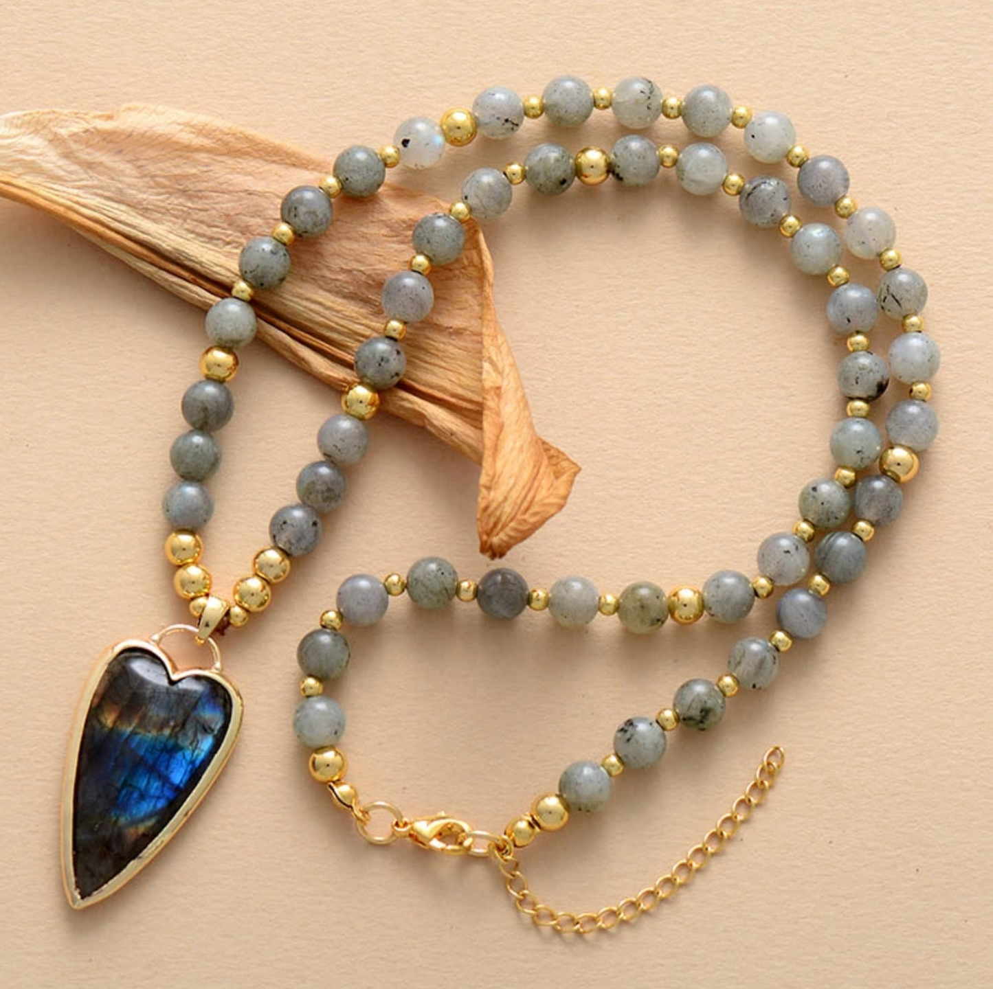 Labradorite & Goldtone Beaded Heart Pendant Necklace