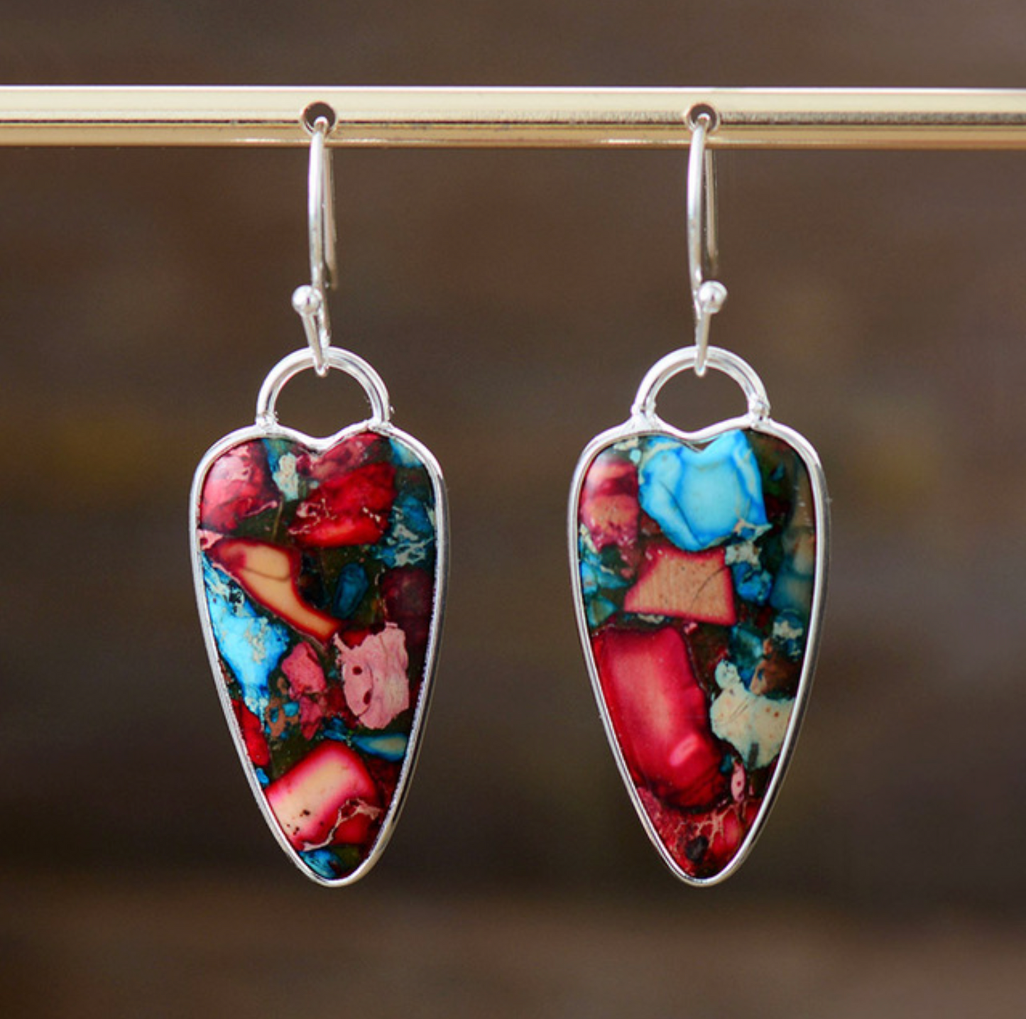 Silvertone Jasper Long Heart Drop Earrings