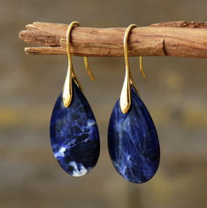 Blue Sodalite & Goldtone Teardrop Drop Earrings