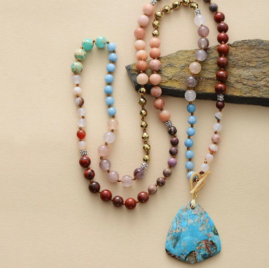 Natural Jasper & Gemstone Beaded Pendant Necklace