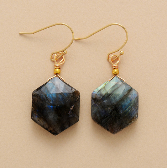 Natural Labradorite & Goldtone Hexagon Drop Earrings