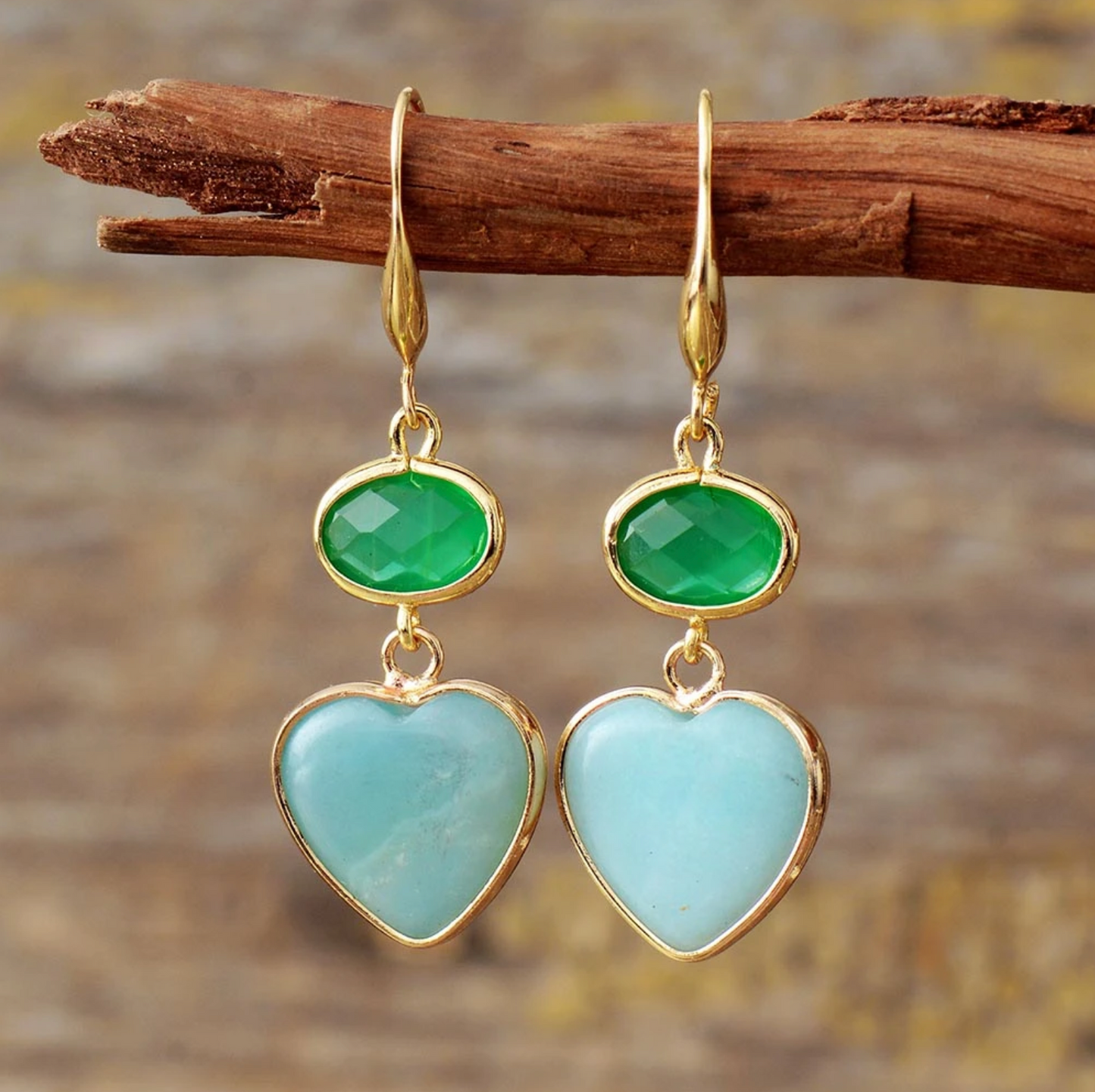 Amazonite Heart & Oval Crystal Earrings