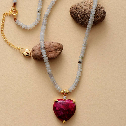 Lab-Created Red Howlite Beaded Labradorite Heart Pendant Necklace