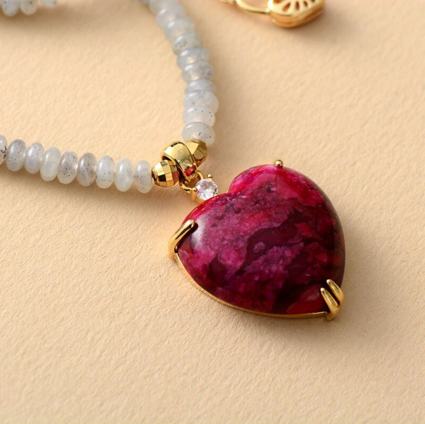 Lab-Created Red Howlite Beaded Labradorite Heart Pendant Necklace