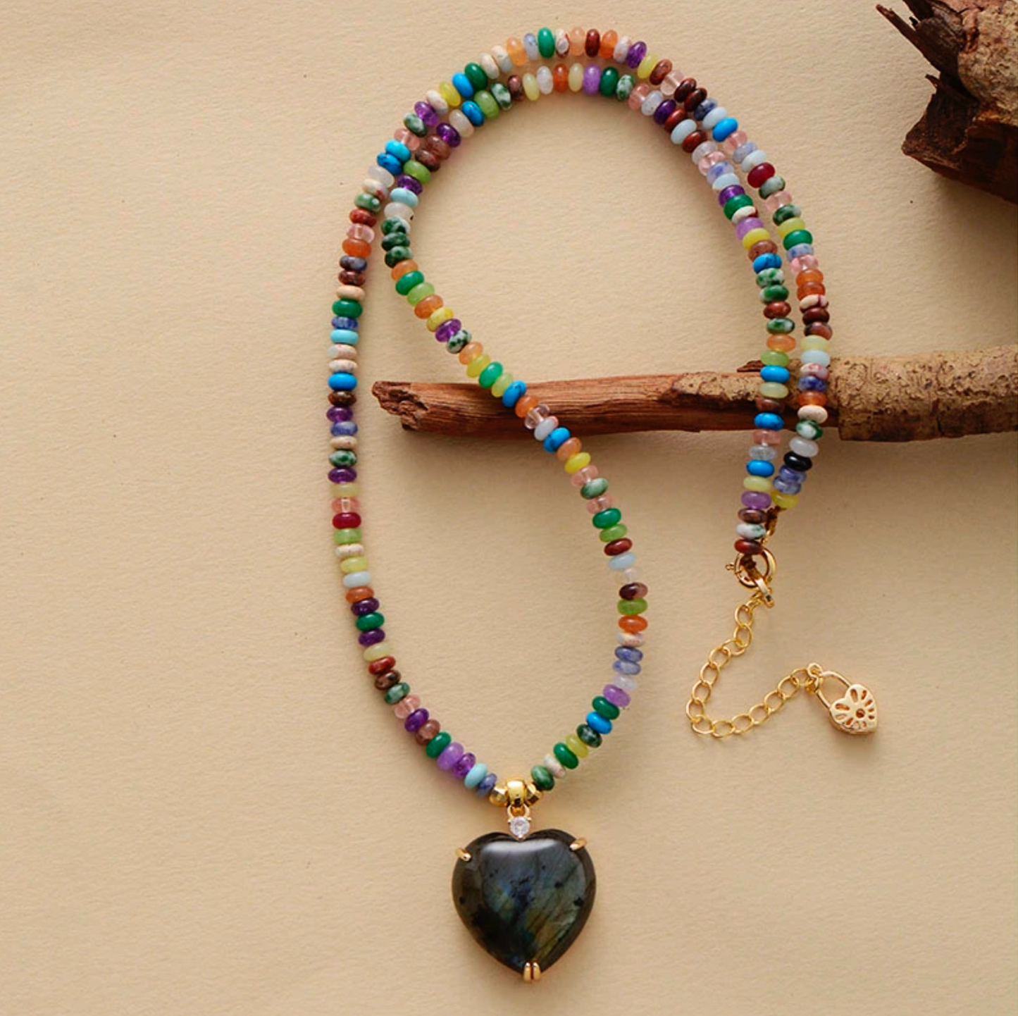 Natural Labradorite & Natural Jade Heart Pendant Necklace