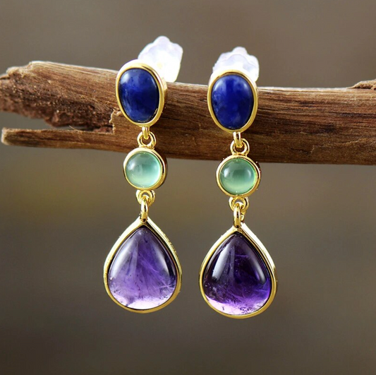 Lapis Lazuli & Amethyst Oval Drop Earrings