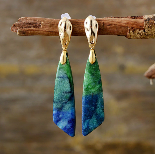 Blue & Green Jade Hammered Post Drop Earrings