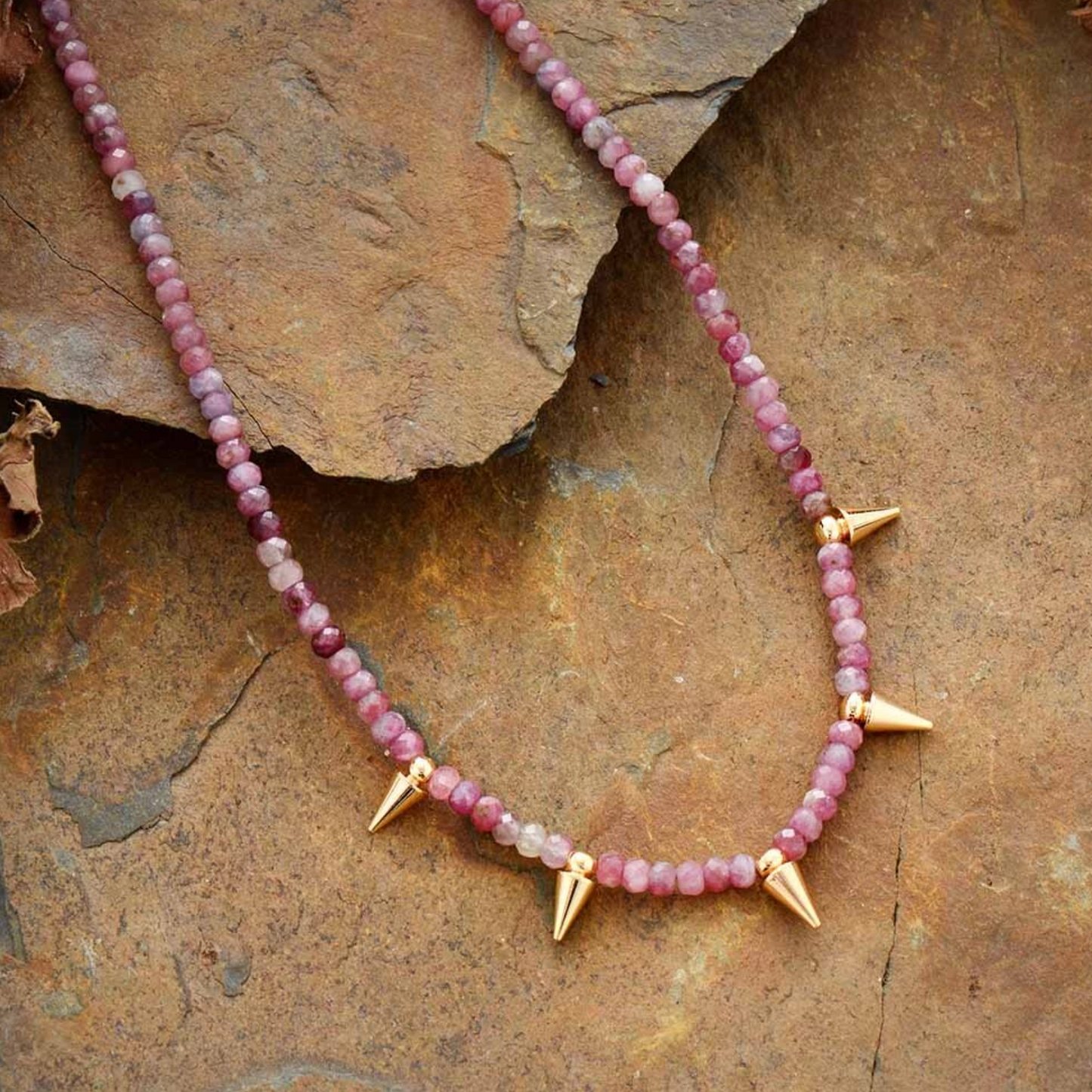 Natural Pink Tourmaline & Goldtone Rondelle Beaded Necklace