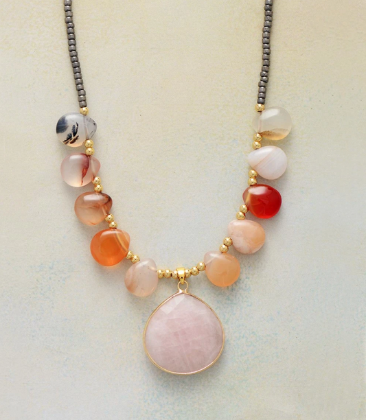 Carnelian & Rose Quartz Framed Teardrop Pendant Necklace