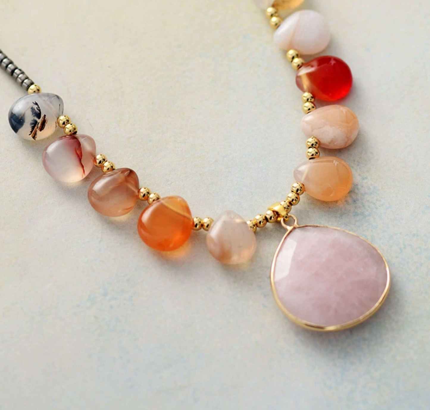 Carnelian & Rose Quartz Framed Teardrop Pendant Necklace