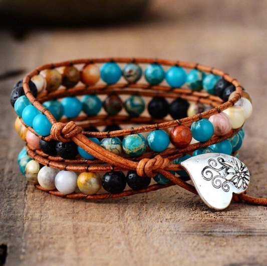 Blue Agate & Leather Heart Charm Beaded Stacked Bracelet