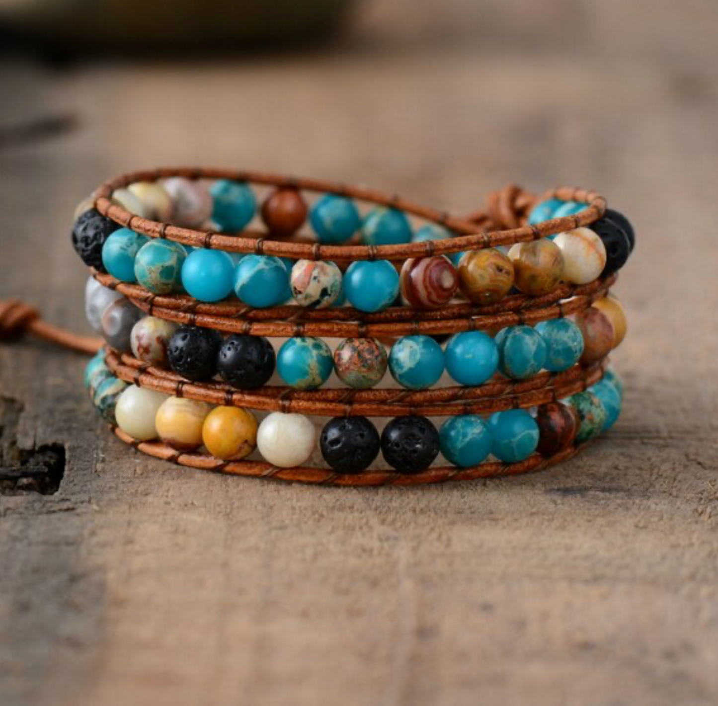 Blue Agate & Leather Heart Charm Beaded Stacked Bracelet