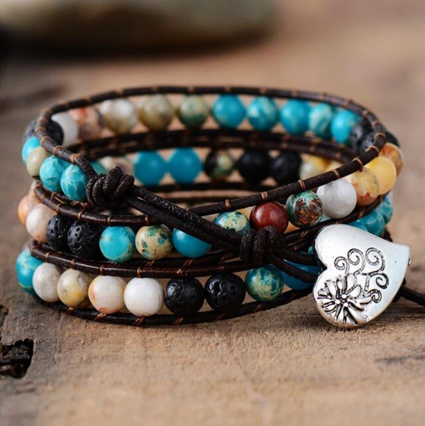 Blue Agate & Leather Heart Charm Beaded Stacked Bracelet