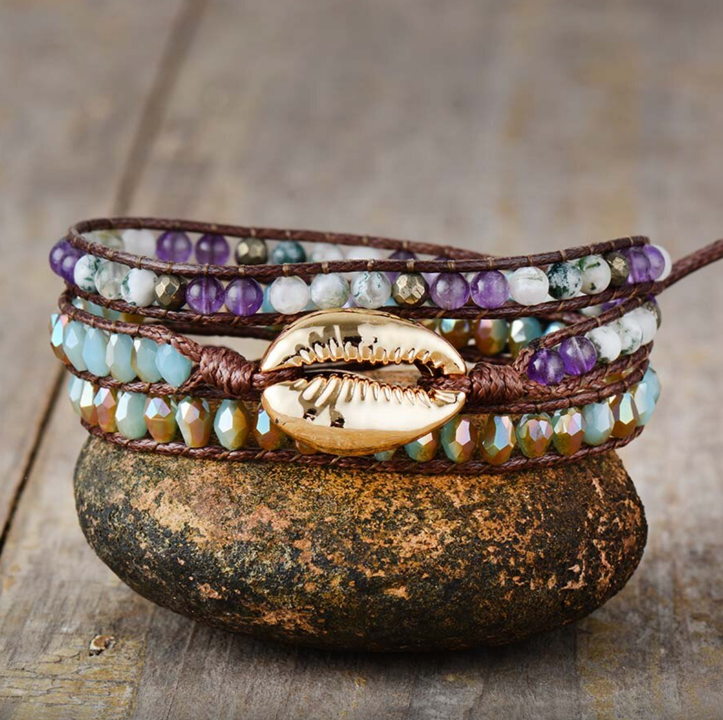 Crystal & Goldtone Cowrie Shell Layered Leather Bracelet