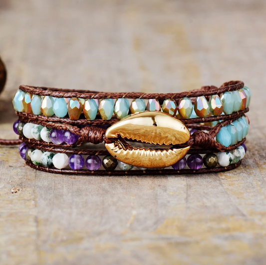 Crystal & Goldtone Cowrie Shell Layered Leather Bracelet