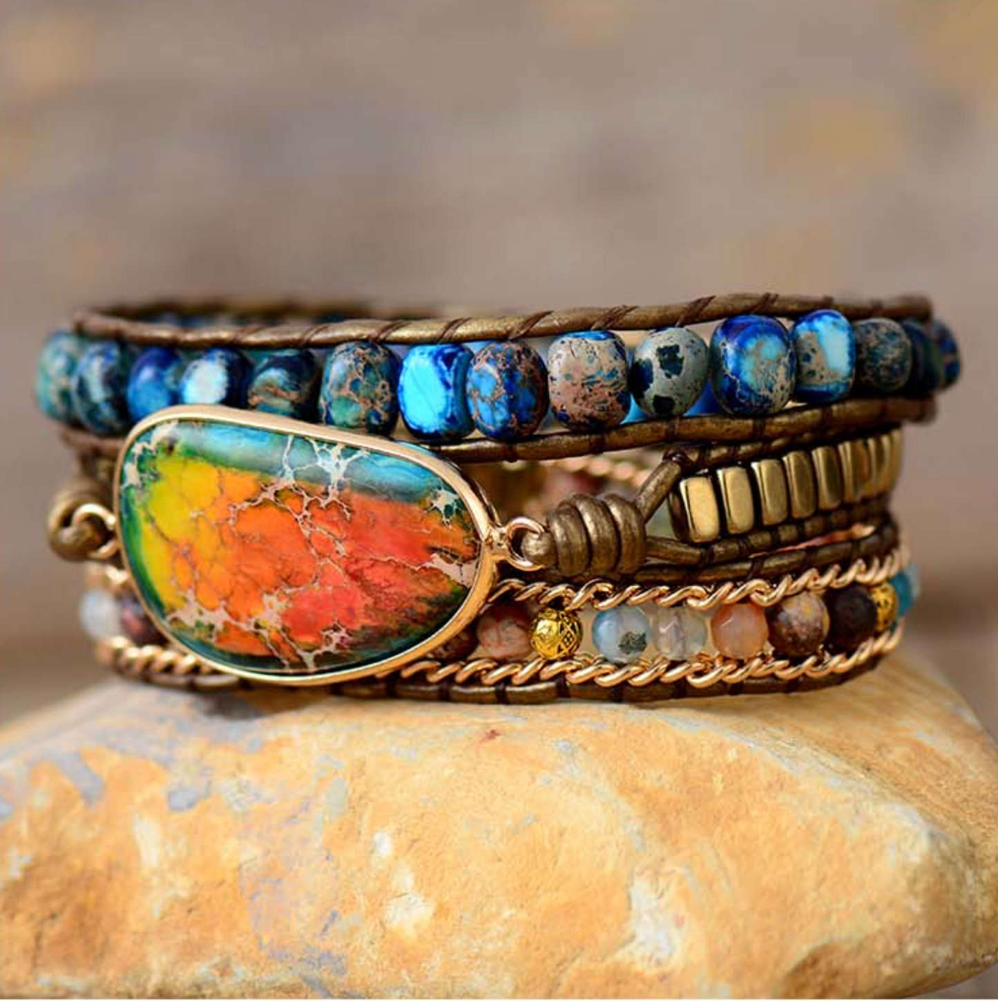 Lab-Created Rainbow Howlite Leather Wrap Bracelet